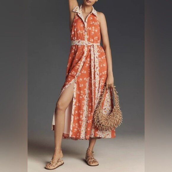 NWT Size LP-Maeve 100% Cotton Floral Halter Godet Midi Shirt Dress (NWT US $188) - Picture 1 of 16